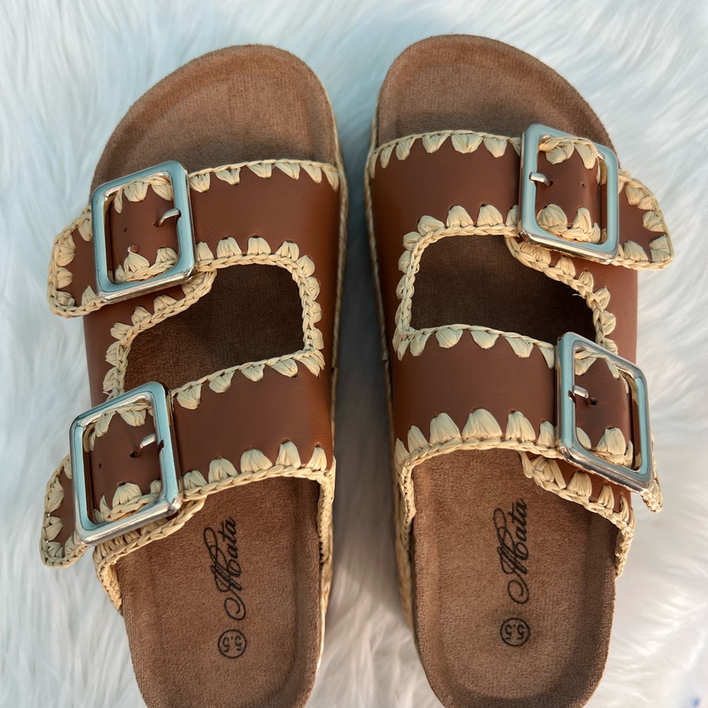 Brown and Cream Platform Shoes with Decorative Straps - Picture 1 of 10